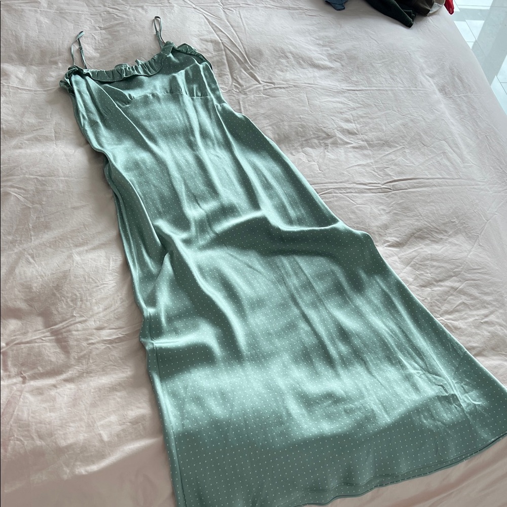 Reformation 100% silk light seafoam green white polka dot long slip dress